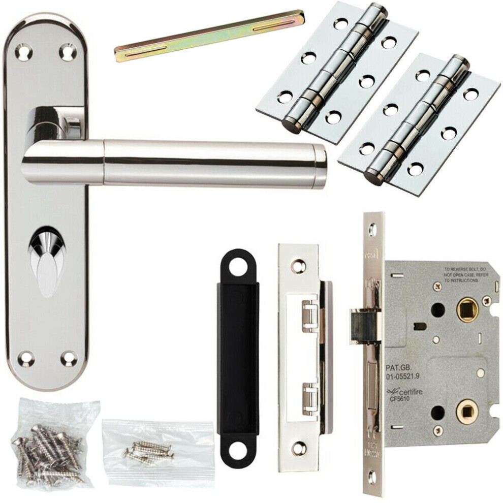 Door Handle & Bathroom Lock Pack Chrome Straight Round Bar Thumb Turn Backplate