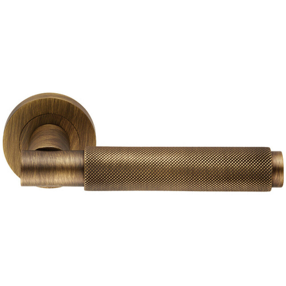 Pair Knurled Grip Round Bar Handle On Round Rose Concealed Fix Antique Brass 5056492584837