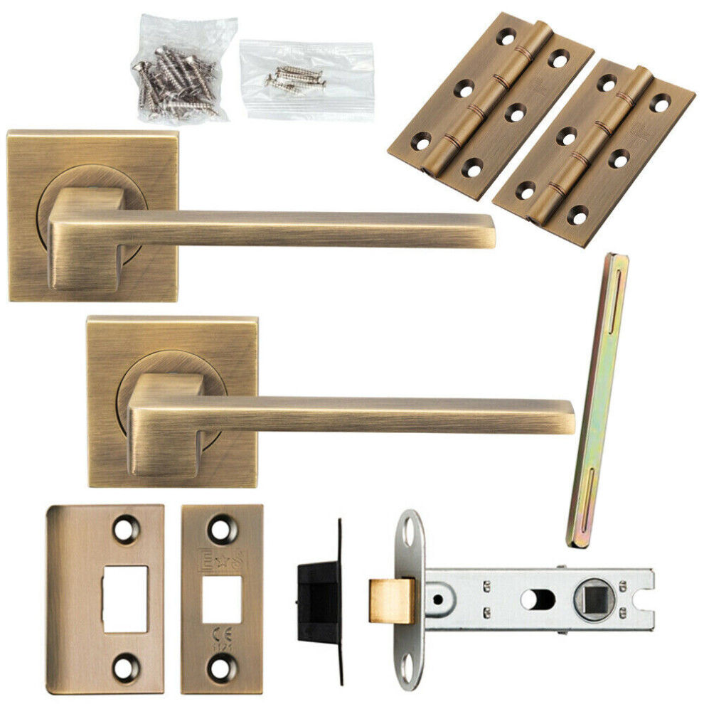 Door Handle & Latch Pack Antique Brass Straight Lever Screwless Square Rose 5056524216149