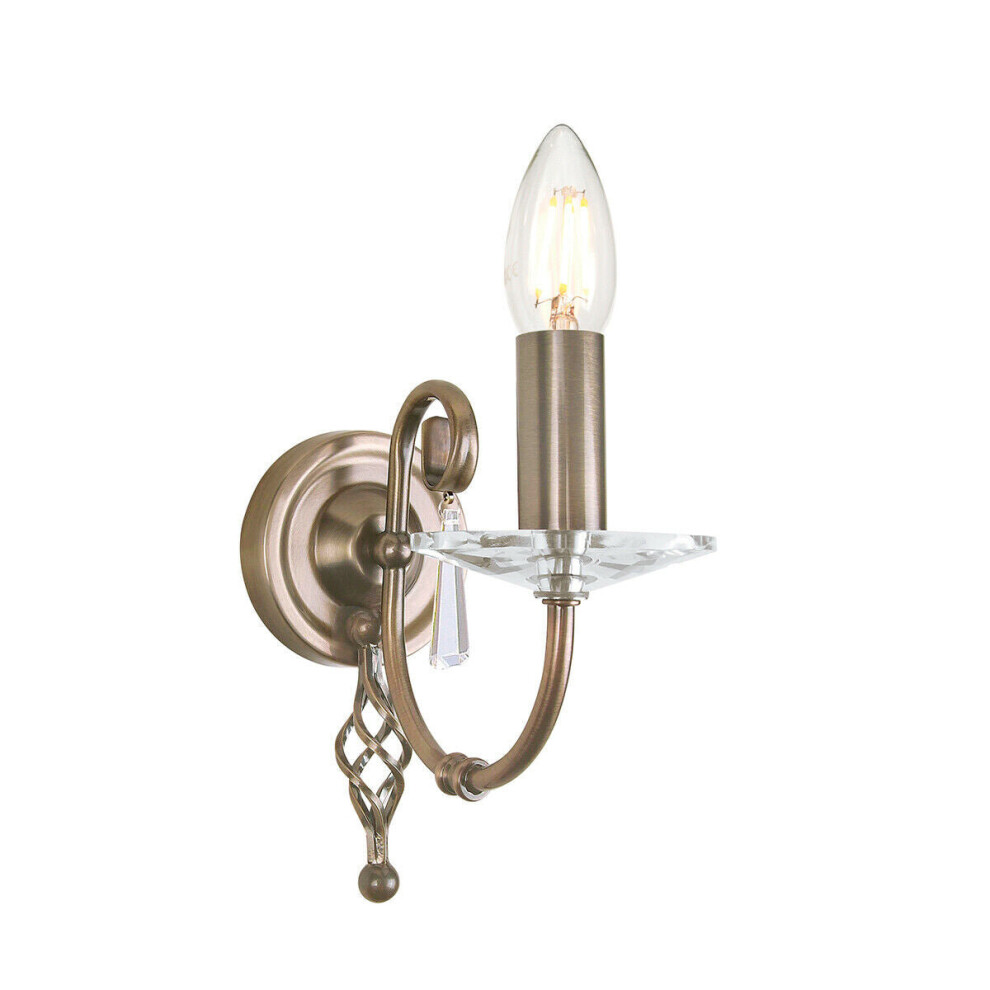 Loops Wall Light Cut Glass Droplets Swirl Finial Aged Brass Led E14 60W