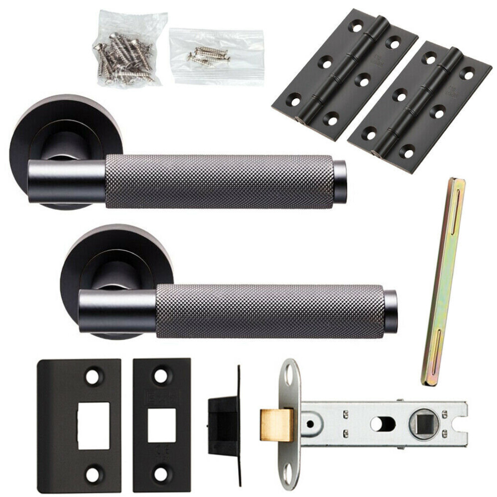 Door Handle & Latch Pack Matt Black Knurled Round Lever Screwless Round Rose