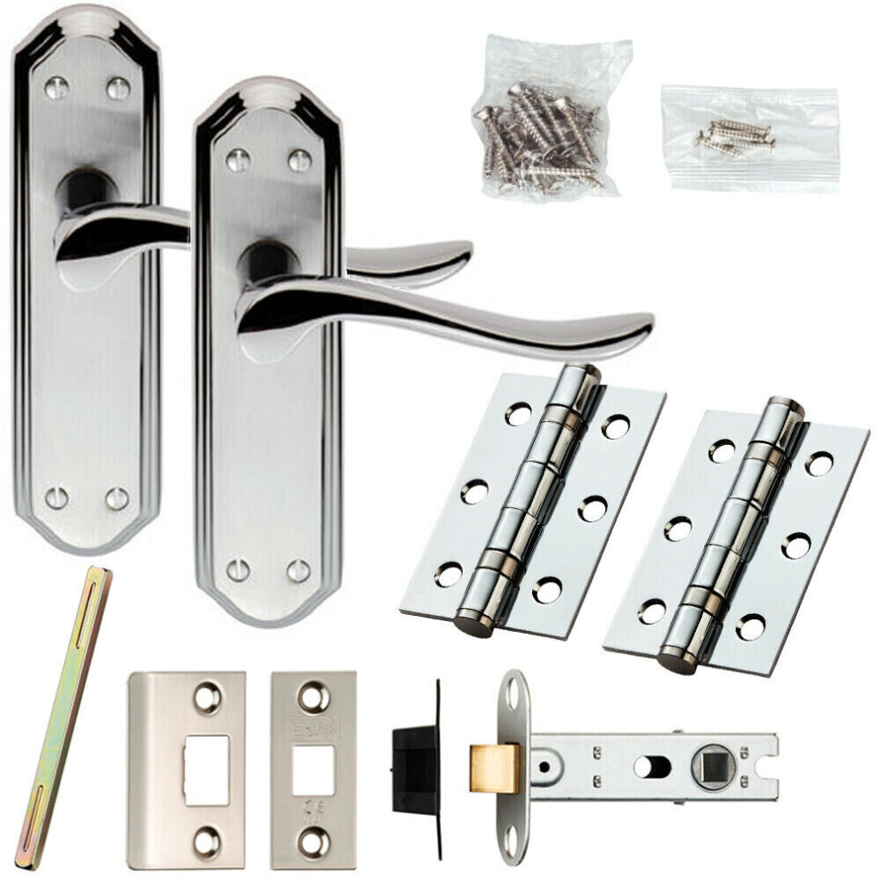 Door Handle & Latch Pack Chrome & Satin Nickel Curved Lever Ornate Backplate 5056524215548