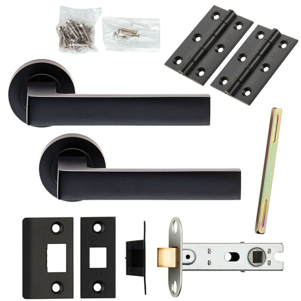Loops Door Handle & Latch Pack Matt Black Straight Square Lever Screwless Round Rose