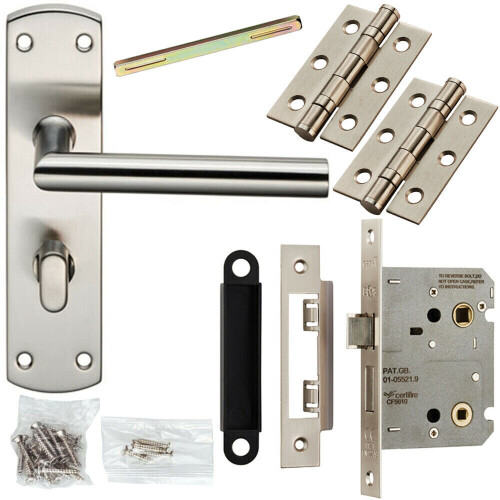 Loops Door Handle & Bathroom Lock Pack Satin Nickel Modern Mitred Round Bar Backplate