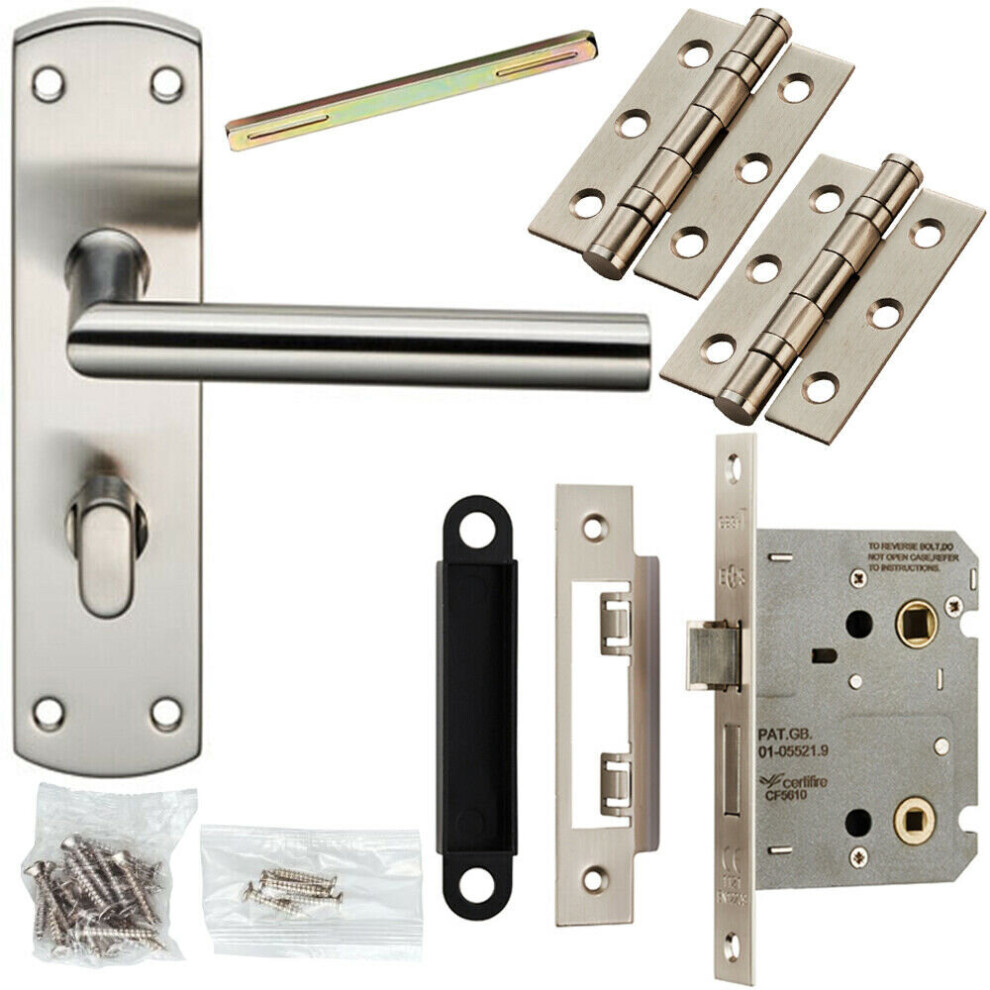 Door Handle & Bathroom Lock Pack Satin Nickel Modern Mitred Round Bar Backplate 5056524214879