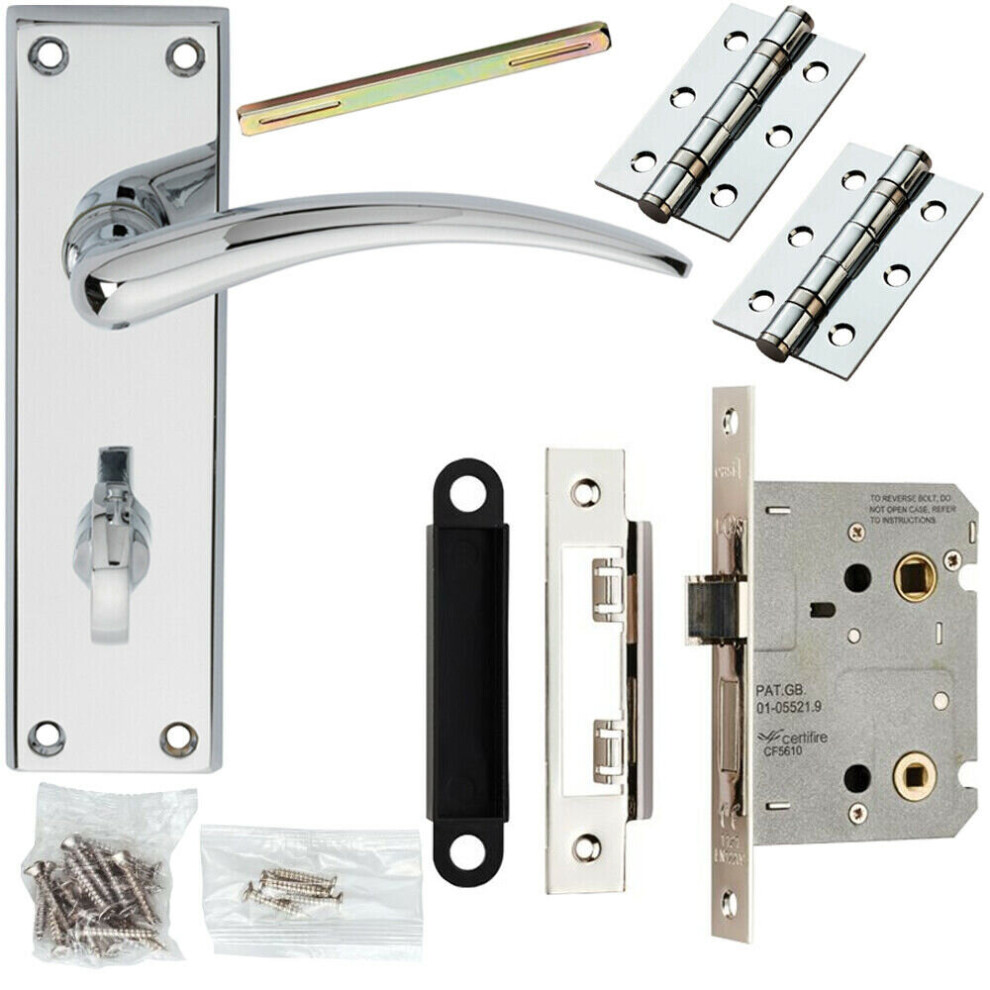 Door Handle & Bathroom Lock Pack Chrome Curved Arm Thumb Turn Square Backplate