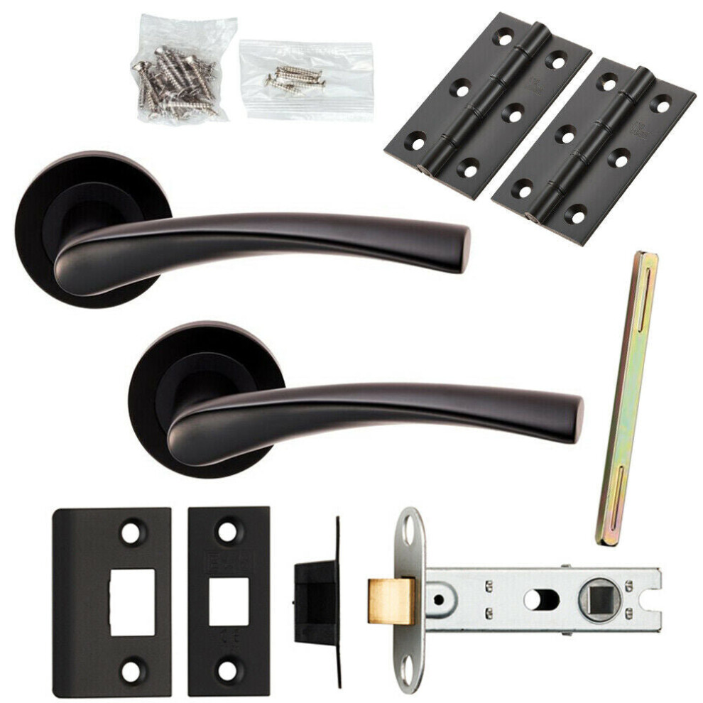 Door Handle & Latch Pack Matt Black Twist Curved Lever Screwless Round Rose