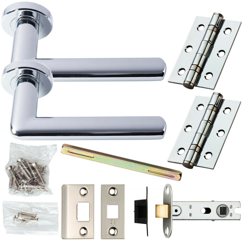 Door Handle & Latch Pack Chrome Modern Straight Slim on Screwless Round Rose