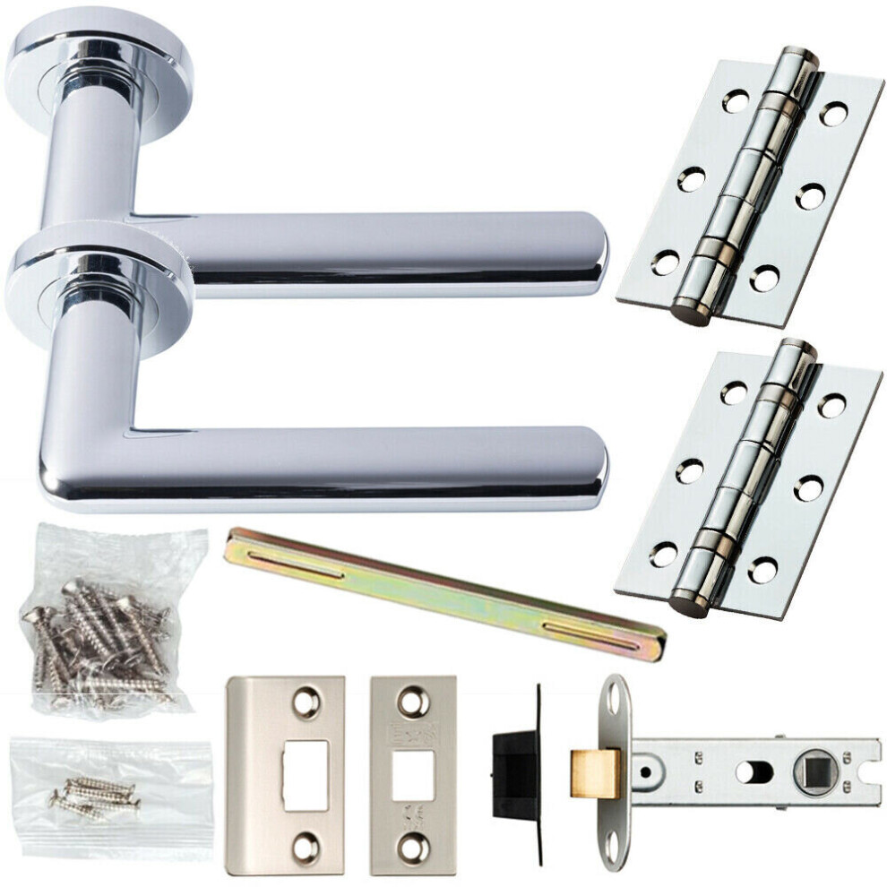 Door Handle & Latch Pack Chrome Modern Straight Slim On Screwless Round Rose