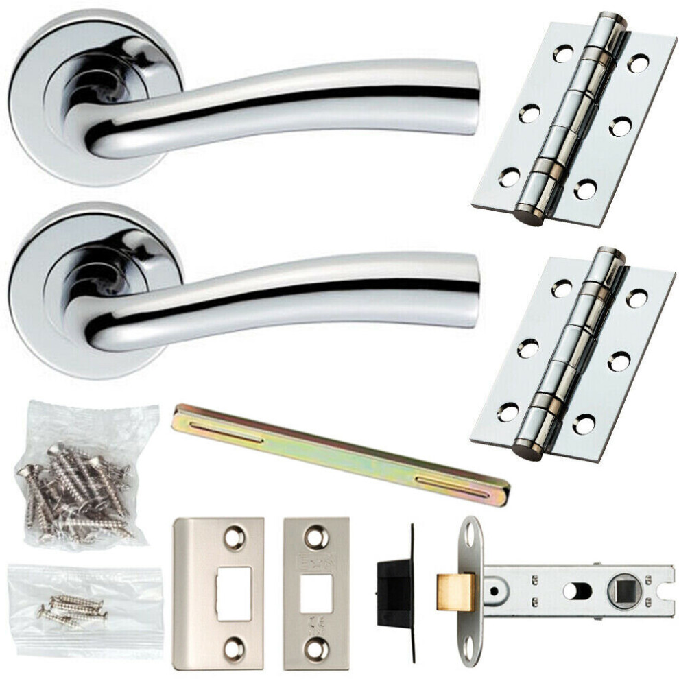 Door Handle & Latch Pack Chrome Modern Curved Flared Bar Screwless Round Rose