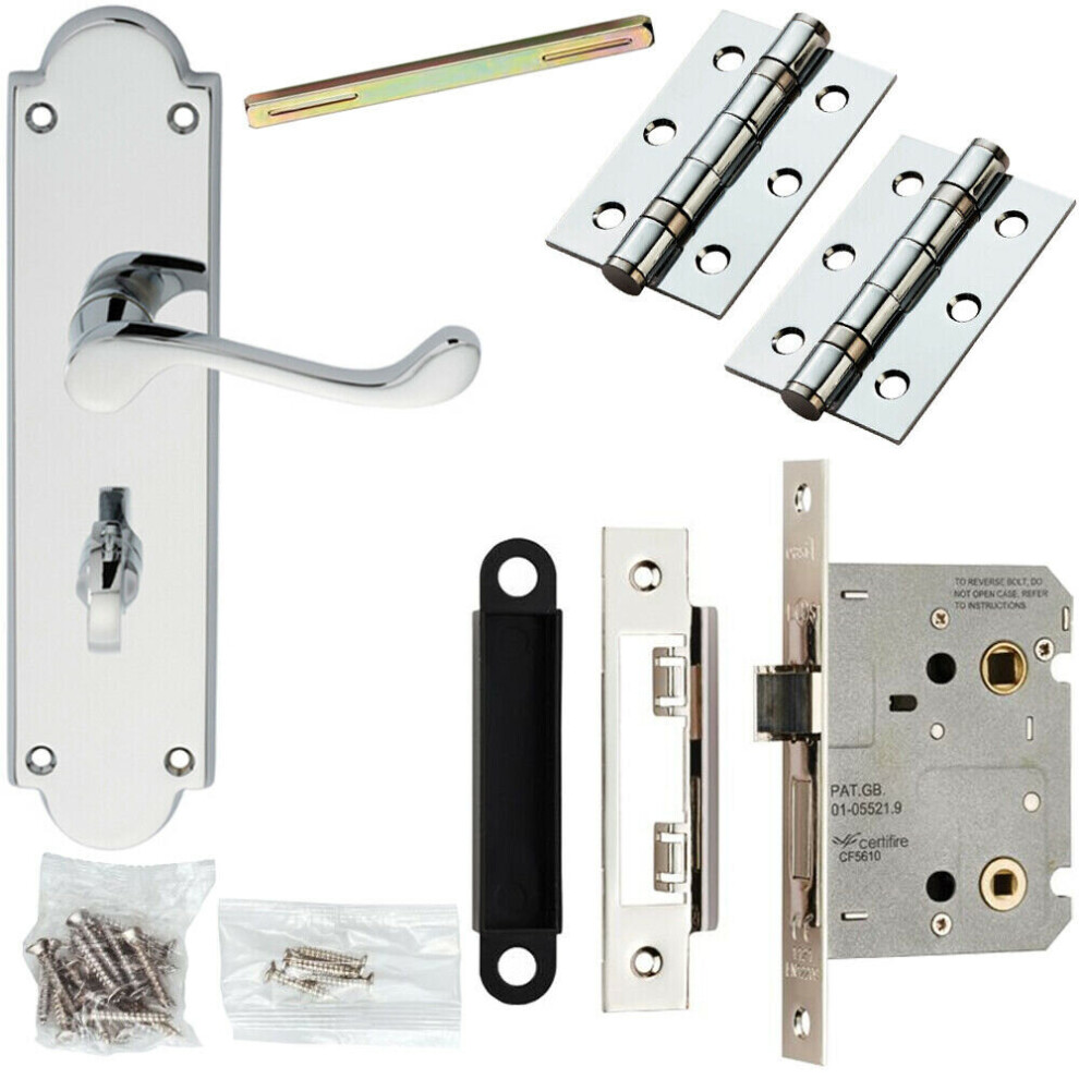 Door Handle & Bathroom Lock Pack Chrome Victorian Scroll 205 x 49mm Backplate