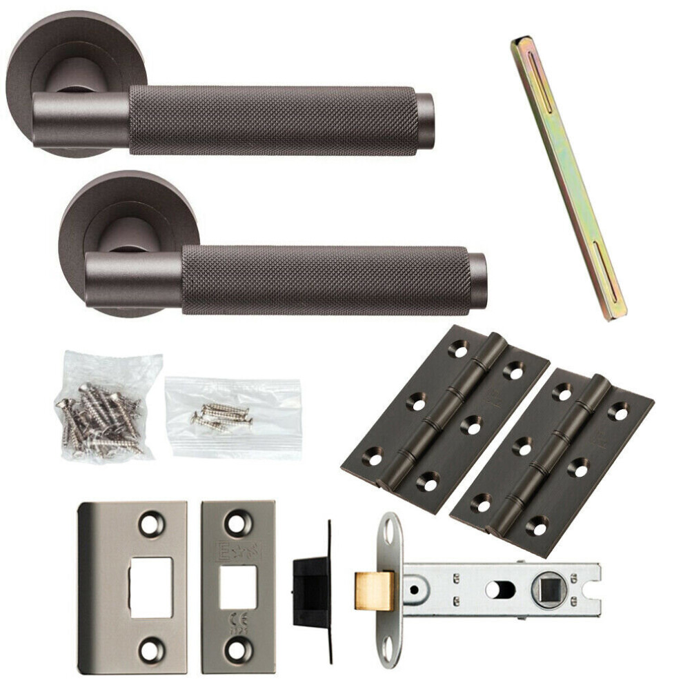 Door Handle & Latch Pack Matt Bronze Knurled Round Bar Screwless Round Rose 5056524217412