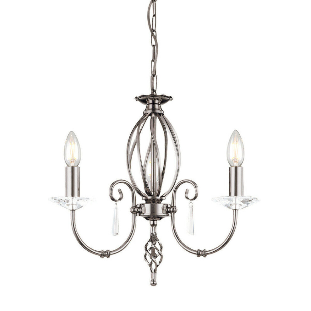 Loops 3 Bulb Chandelier Cut Glass Droplets Curved Stem Polished Nickel Led E14 60W Light