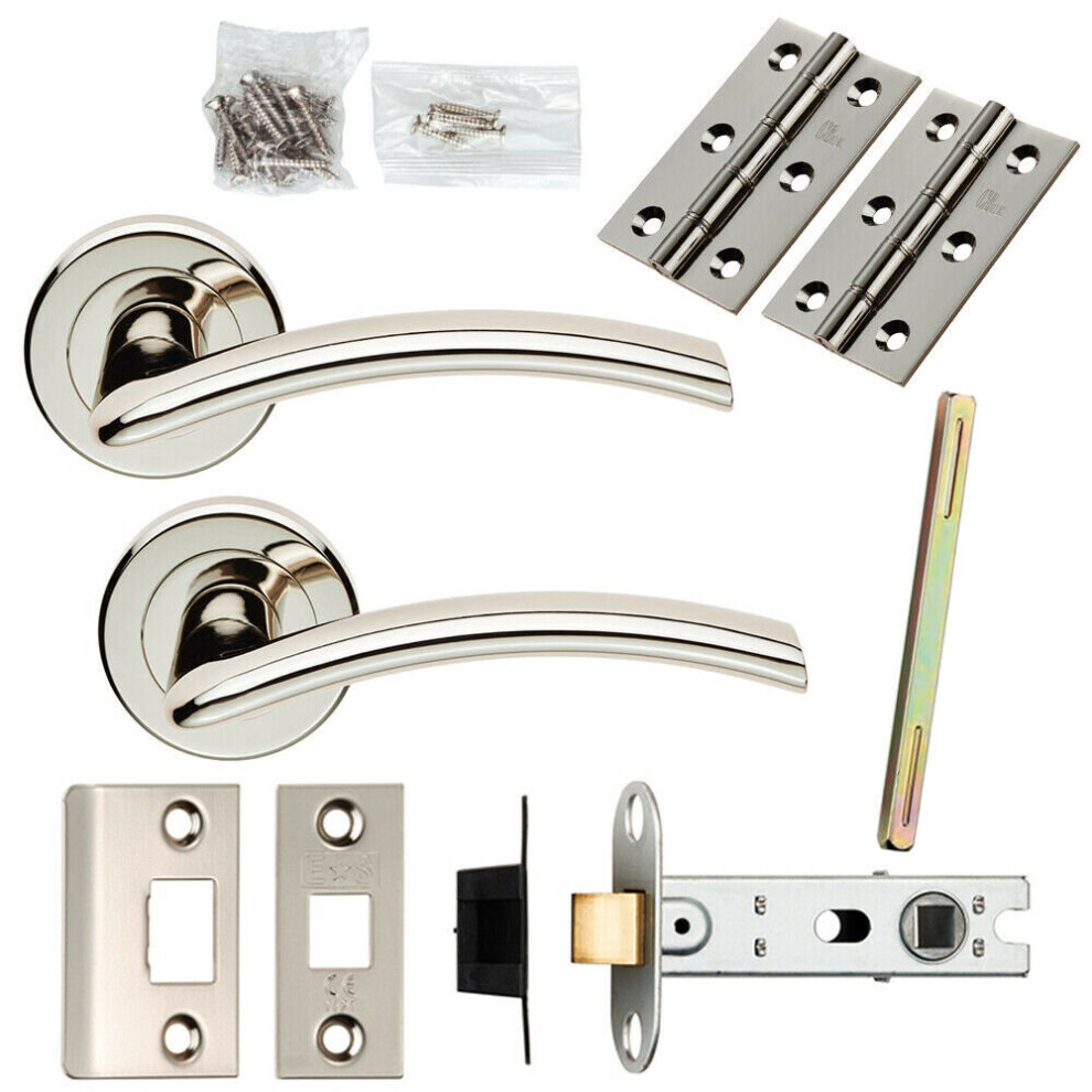 Door Handle & Latch Pack Polished Nickel Arched Lever Screwless Round Rose