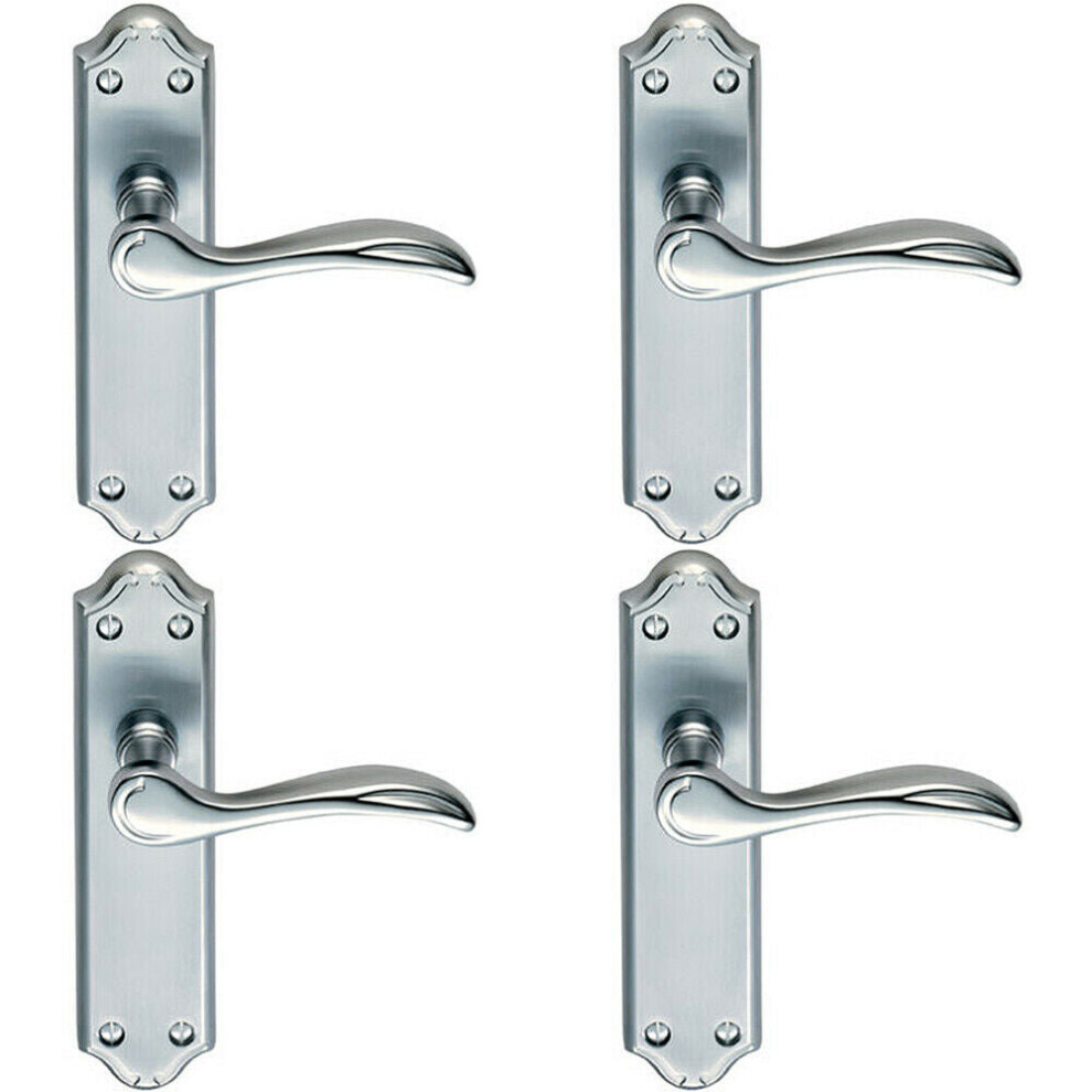 4x PAIR Curved Door Handle Lever on Latch Backplate 180 x 45mm Satin Chrome