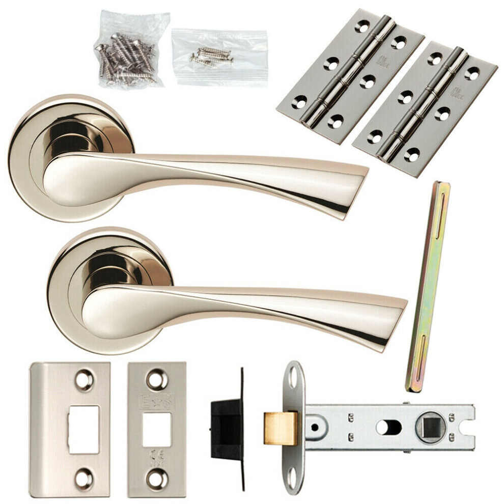 Loops Door Handle & Latch Pack Polished Nickel Angular Lever Screwless Round Rose