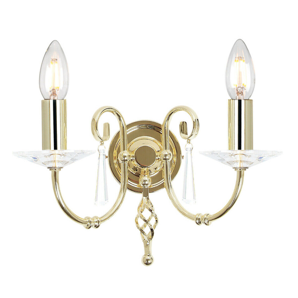 Loops Twin Wall Light Cut Glass Droplets Swirl Finial Polished Brass Led E14 60W