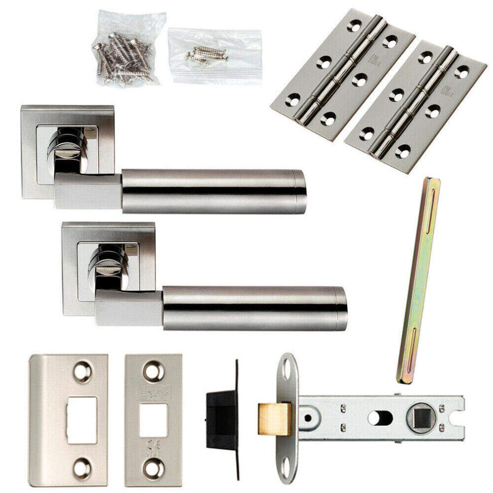 Loops Door Handle & Latch Pack Polished & Satin Steel Square Cut Bar Screwless Rose