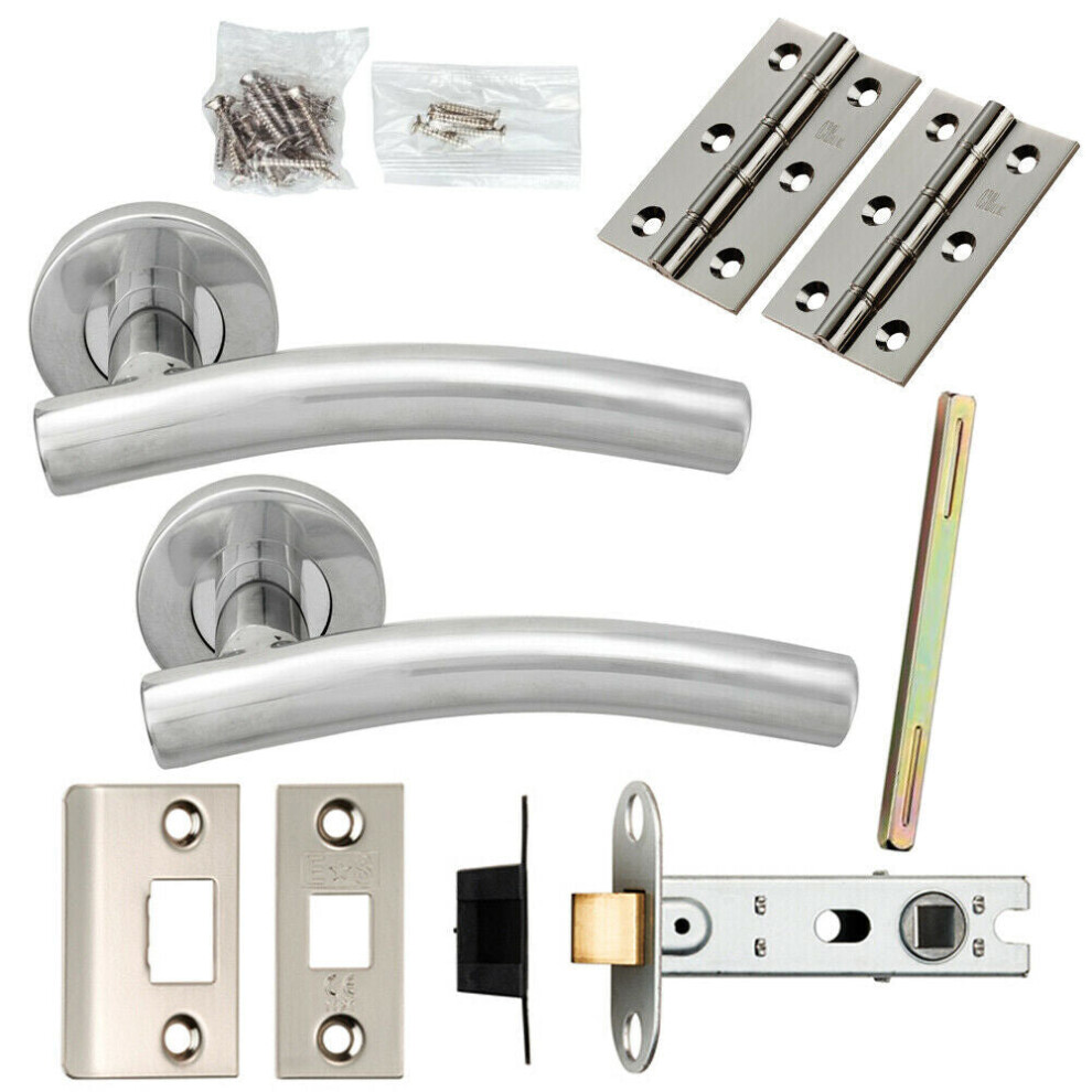 Door Handle & Latch Pack Polished Steel Arched Lever Screwless Round Rose 5056524213452