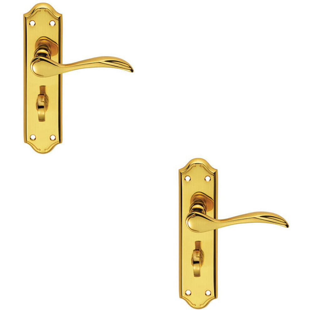 Loops 2X Pair Curved Door Handle Lever On Bathroom Backplate 180 X 45Mm Polished Brass