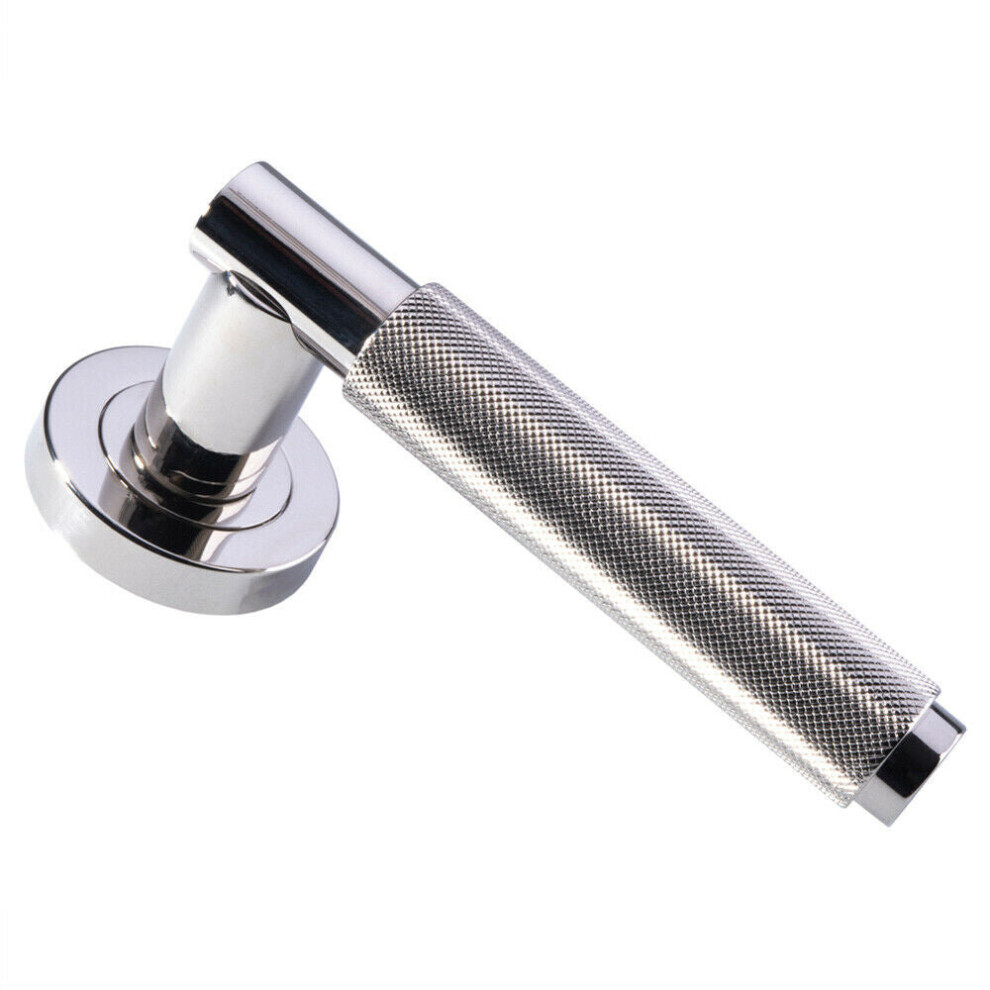 PAIR Knurled Grip Round Bar Lever On Round Rose Concealed Fix Polished Nickel