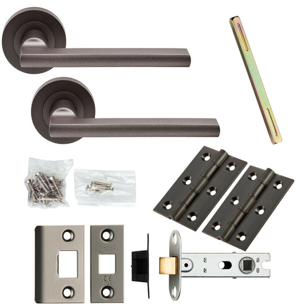 Loops Door Handle & Latch Pack Matt Plinth Mounted Bar Screwless Round Rose Bronze