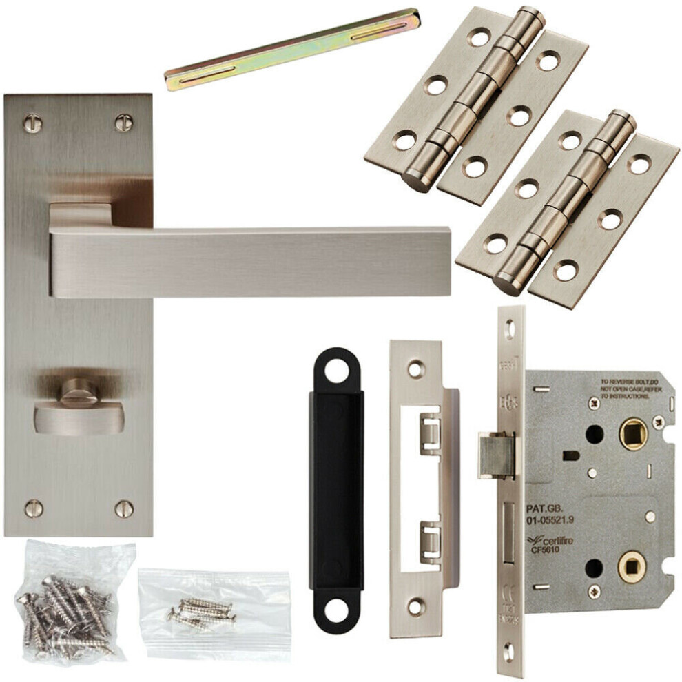 Door Handle & Bathroom Lock Pack Satin Nickel Square Bar Low Profile Backplate