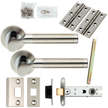 Door Handle & Latch Pack Polished & Satin Steel Cranked Bar Screwless Rose