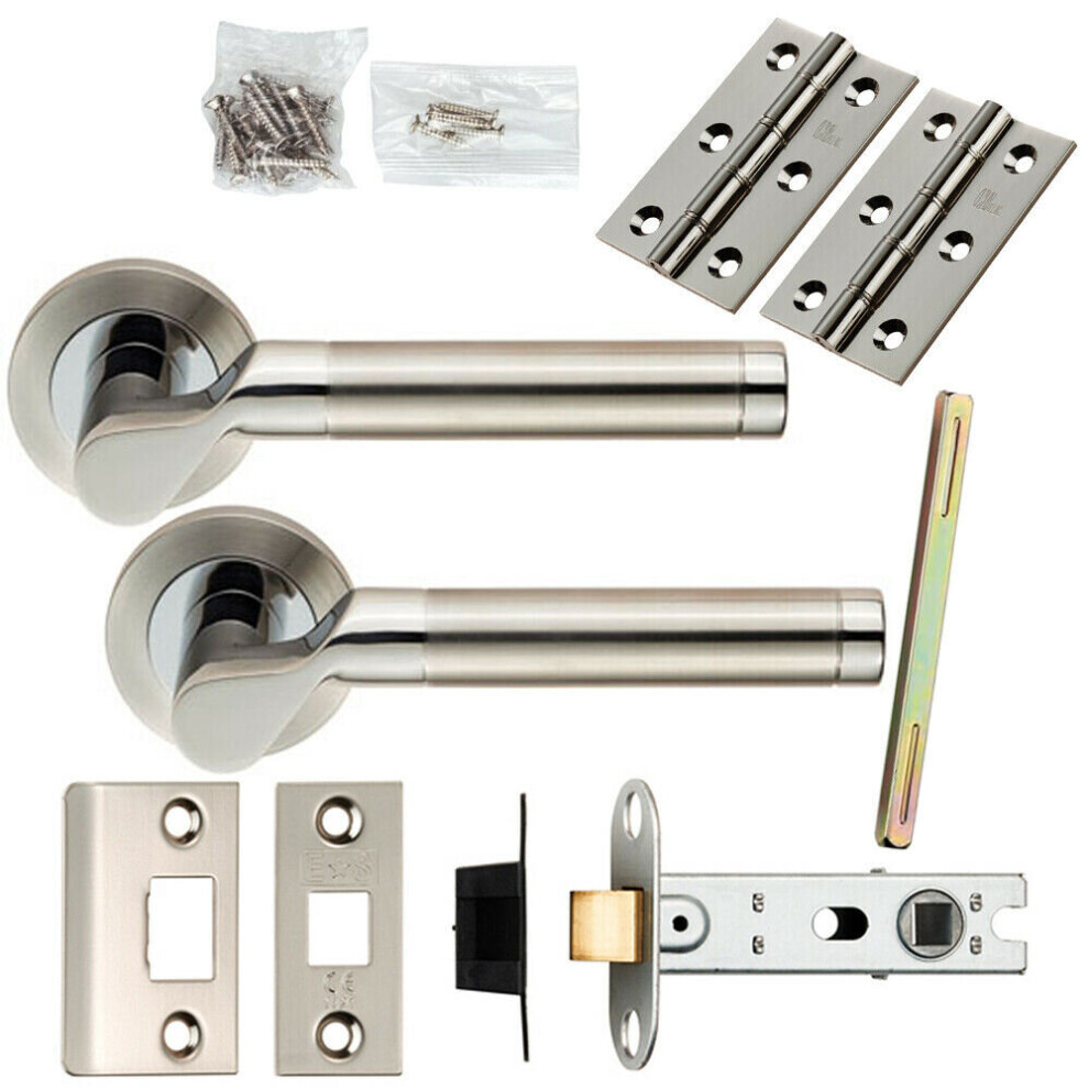 Door Handle & Latch Pack Polished & Satin Steel Cranked Bar Screwless Rose
