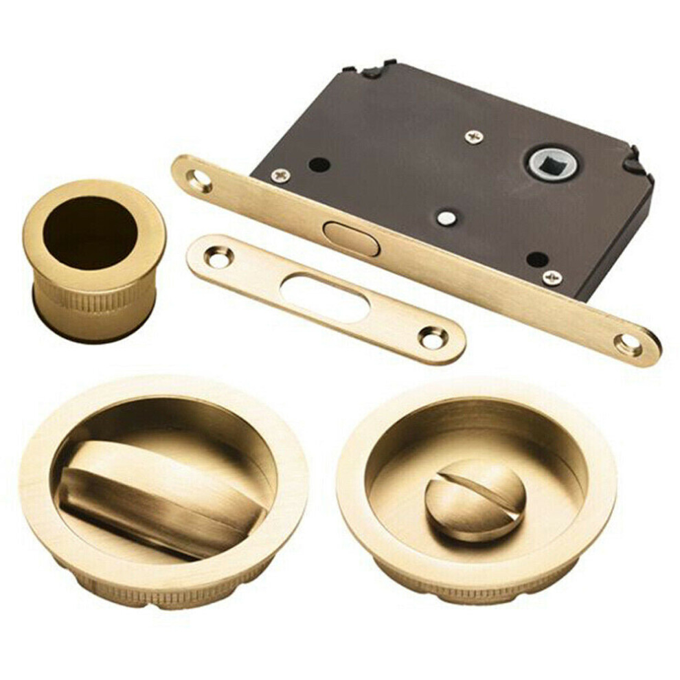 Sliding Bathroom Door Flush Pull Set Turn and Release Lock Satin Brass