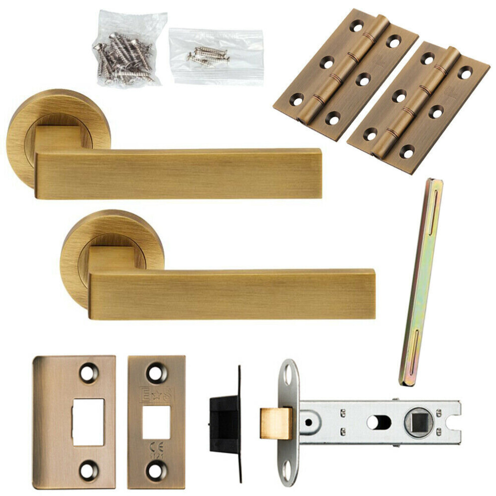 Door Handle & Latch Pack Antique Brass Square Lever Screwless Round Rose