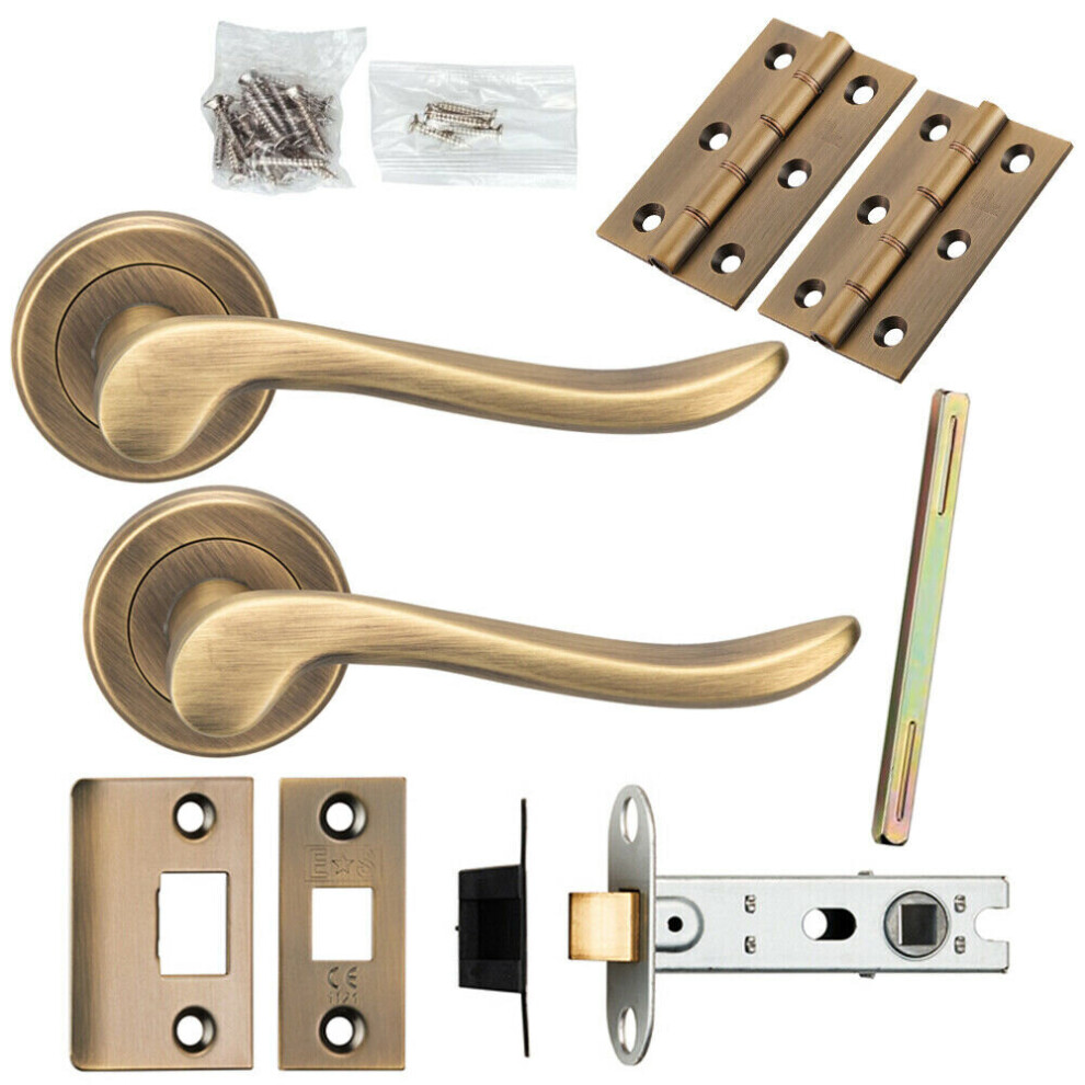 Loops Door Handle & Latch Pack Antique Brass Scroll Lever Screwless Round Rose