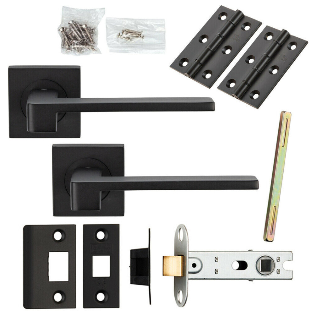 Door Handle & Latch Pack Matt Black Straight Flat lever Screwless Square Rose