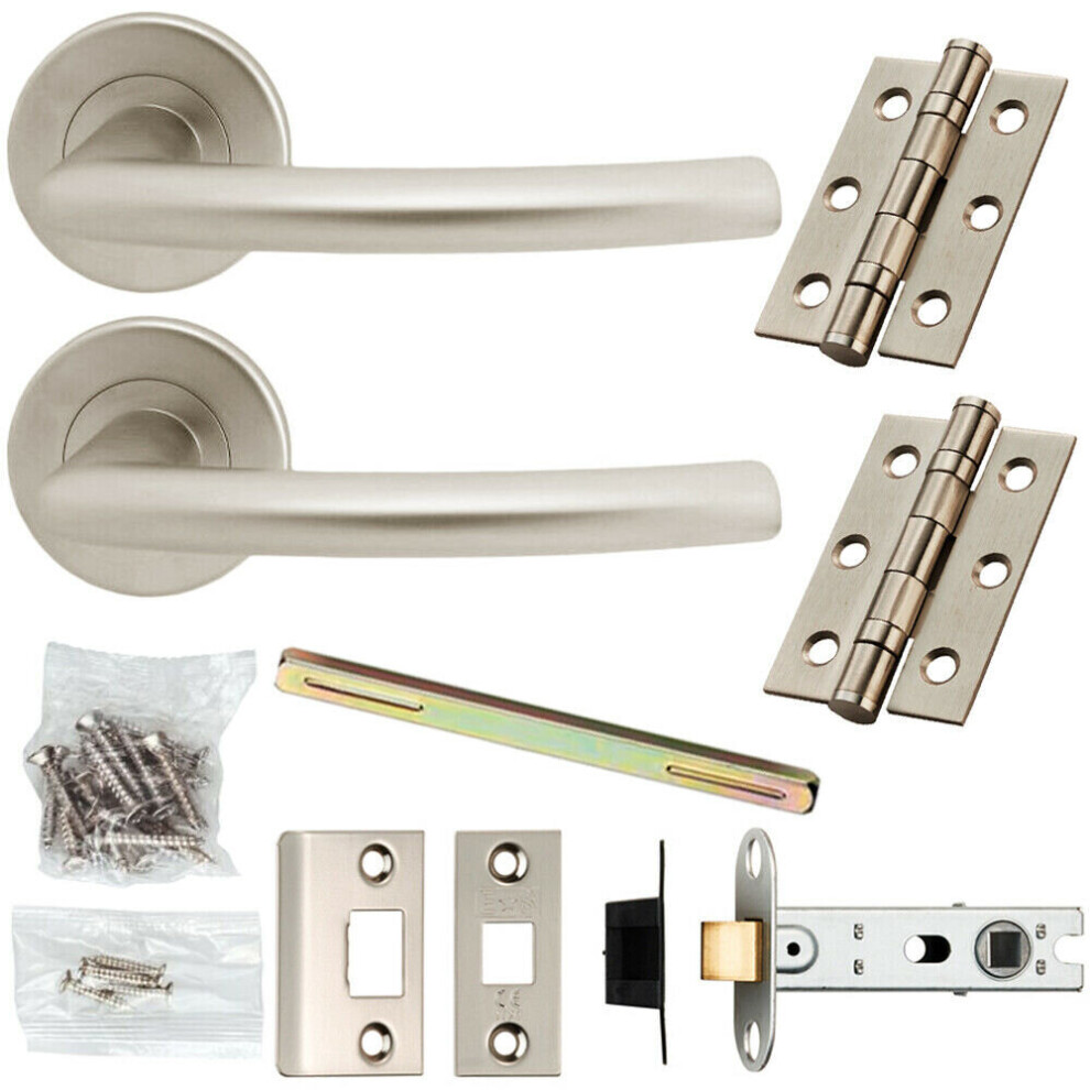 Door Handle & Latch Pack Satin Chrome Oval Curved Lever Screwless Round Rose