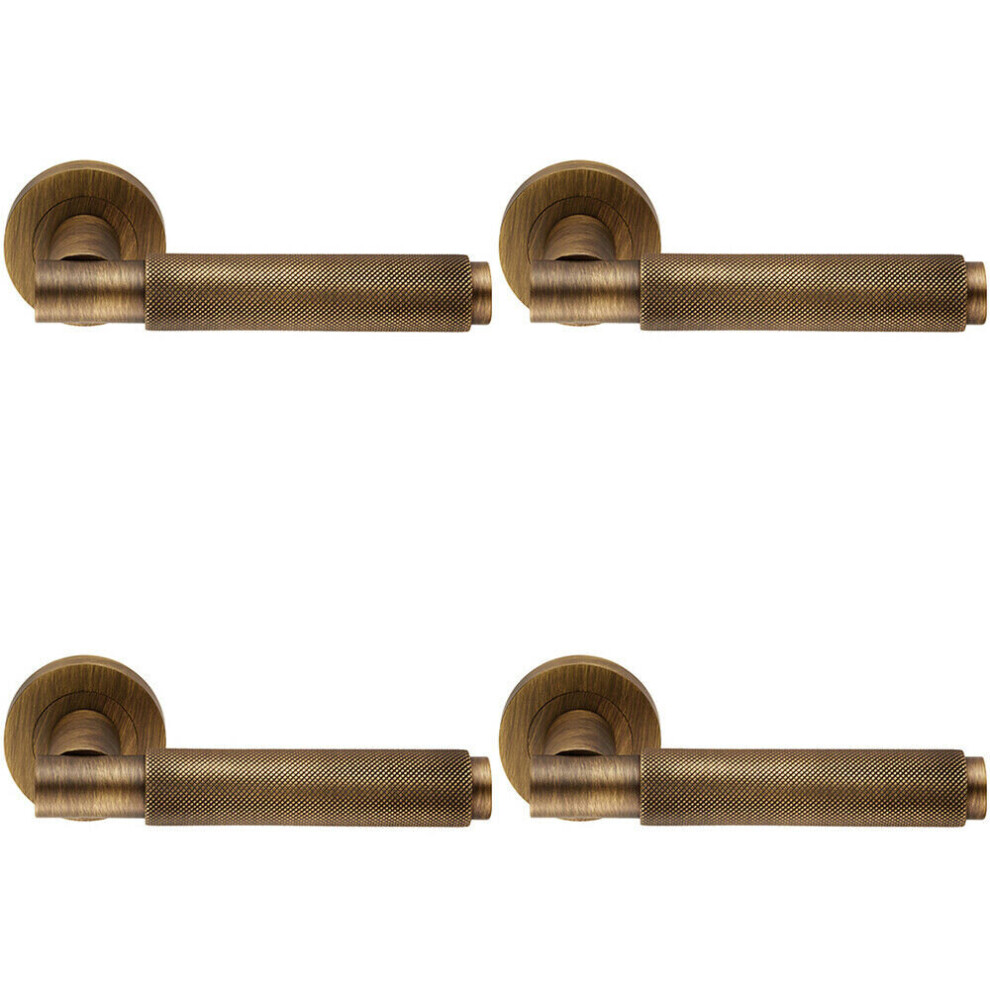 4x PAIR Knurled Grip Round Bar Handle on Round Rose Concealed Fix Antique Brass