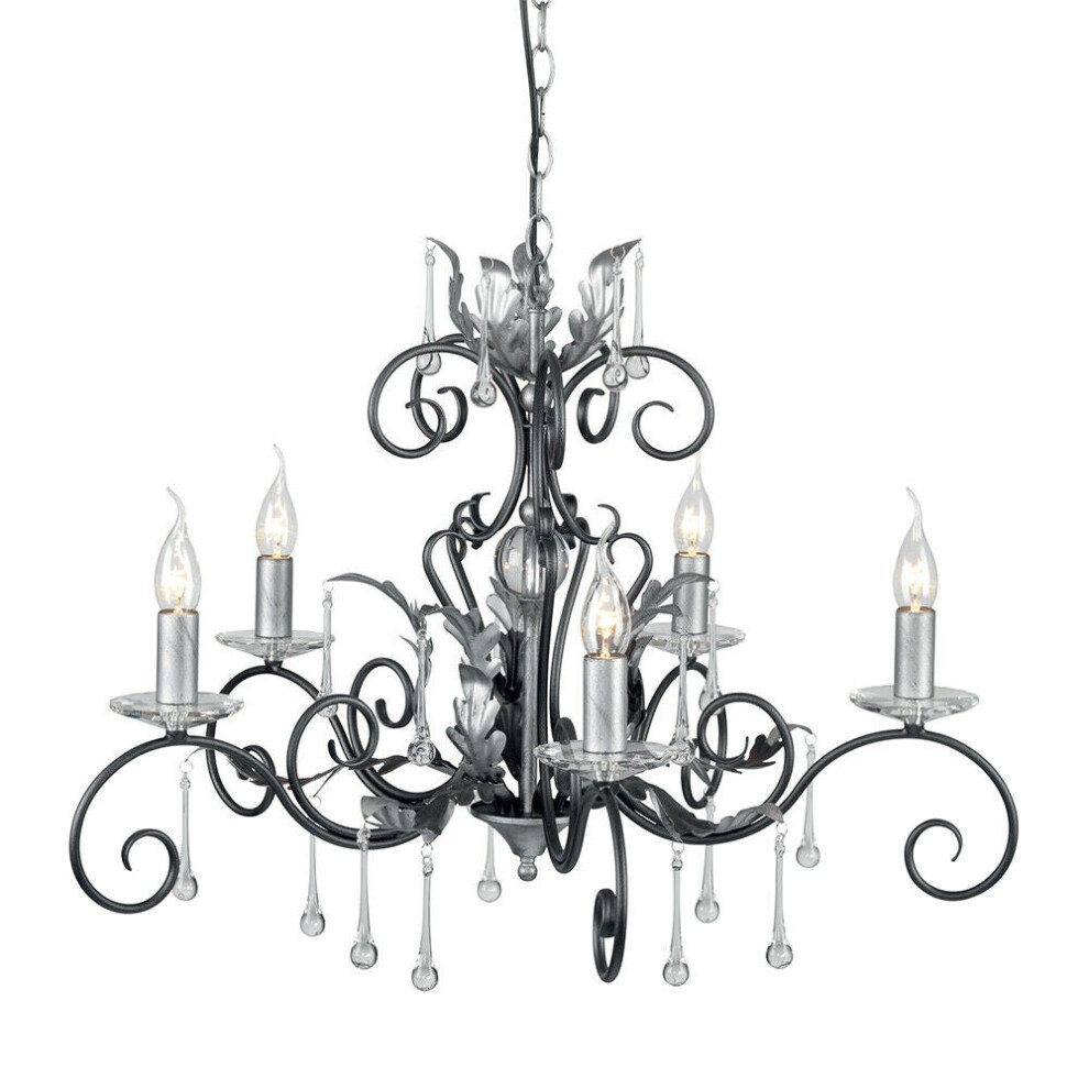 Loops 5 Bulb Handmade Chandelier Hanging Light Cut Glass Black Silver Led E14 60W