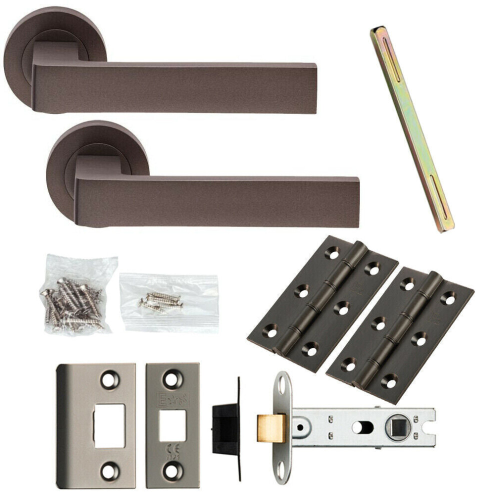 Door Handle & Latch Pack Matt Bronze Flat Square Lever Screwless Round Rose