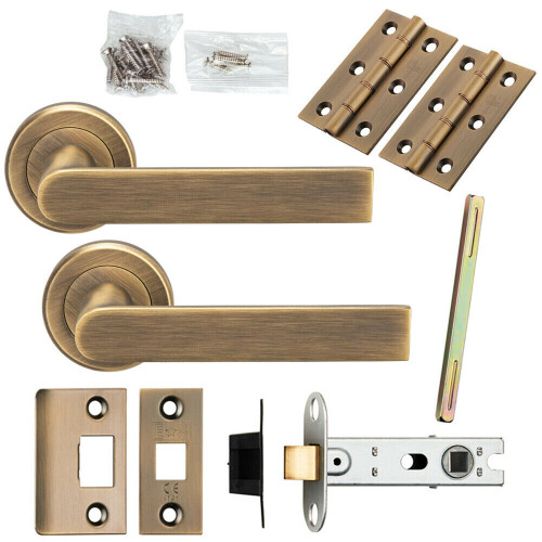 Loops Door Handle & Latch Pack Antique Brass Rectangular Lever Screwless Round Rose
