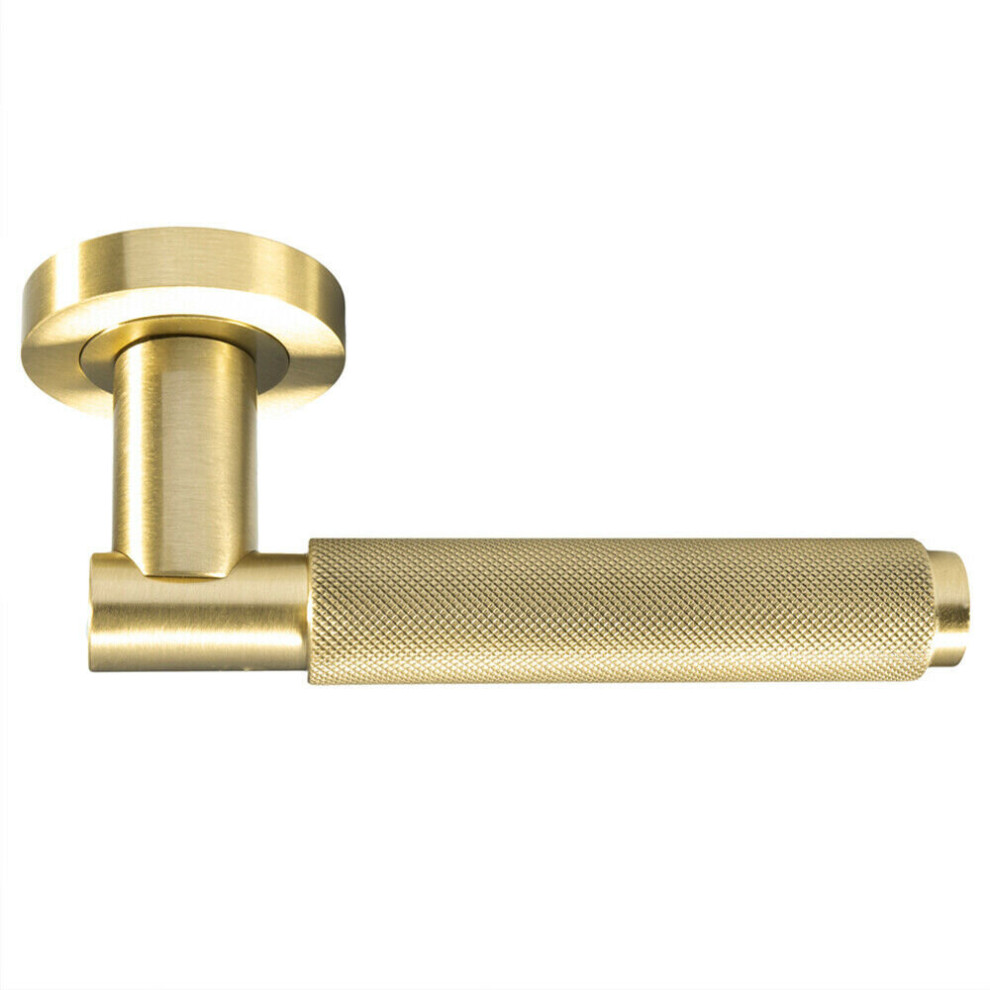 PAIR Knurled Grip Round Bar Handle on Round Rose Concealed Fix Satin Brass