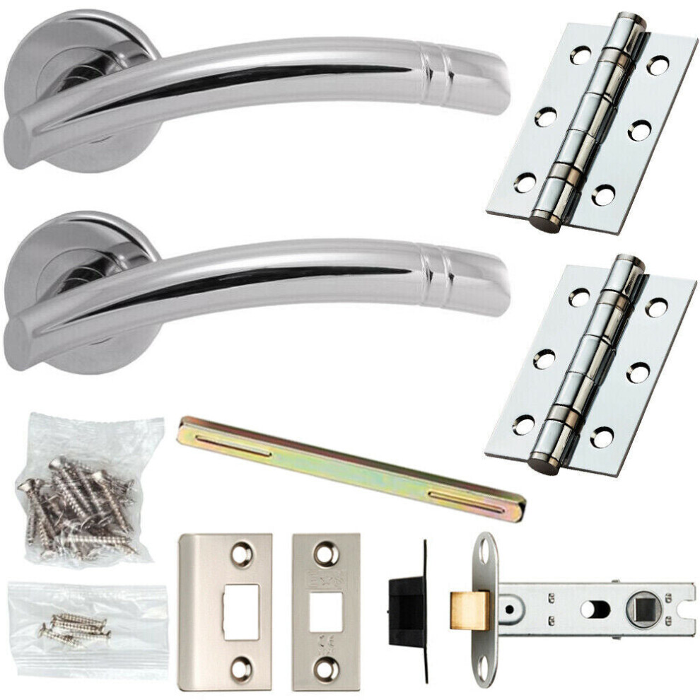 Door Handle & Latch Pack Chrome Modern Curved Ring Bar on Screwless Round Rose