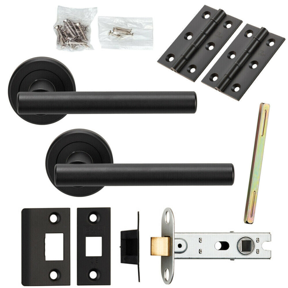 Door Handle & Latch Pack Matt Black Straight T Bar Lever Screwless Round Rose