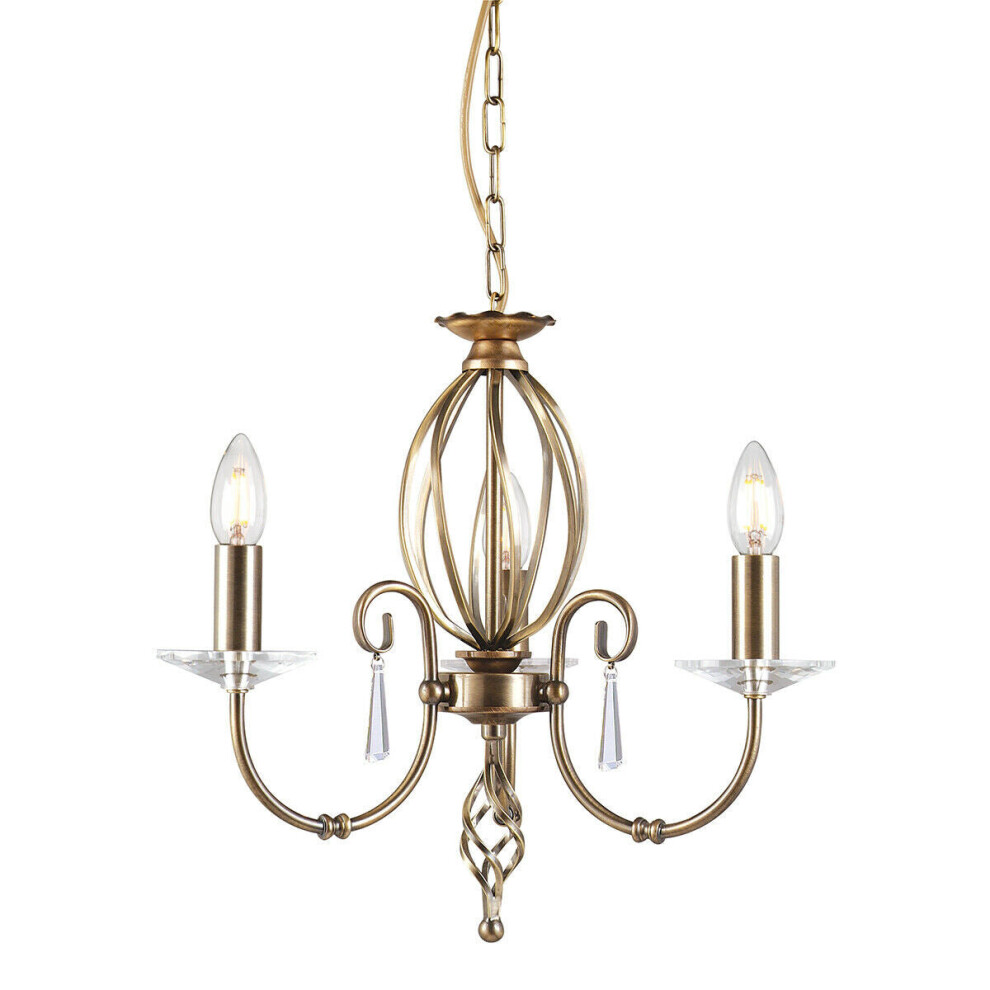 3 Bulb Chandelier Cut Glass Droplets Central Curved Stem Aged Brass LED E14 60W