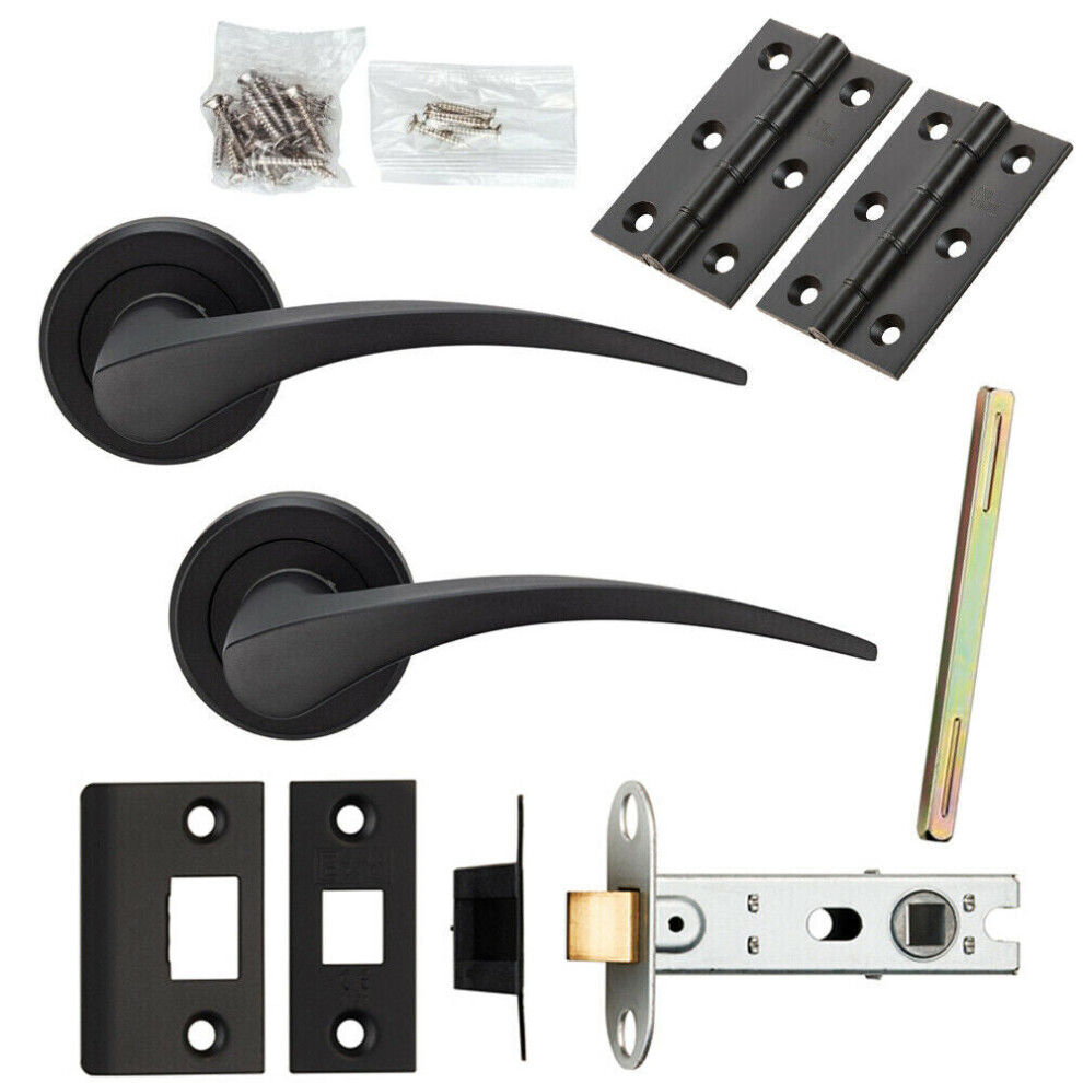 Loops Door Handle & Latch Pack Matt Black Slim Arched Lever Screwless Round Rose