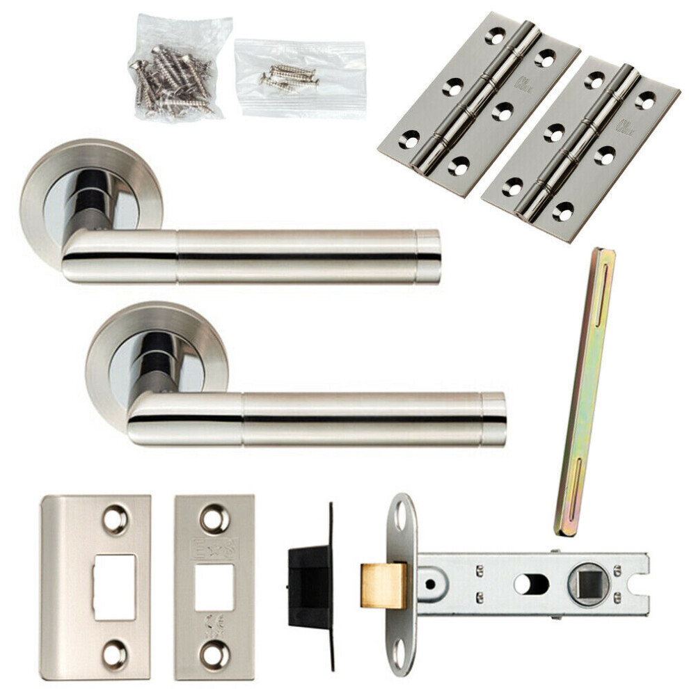 Loops Door Handle & Latch Pack Polished & Satin Steel Mitred Lever Screwless Rose
