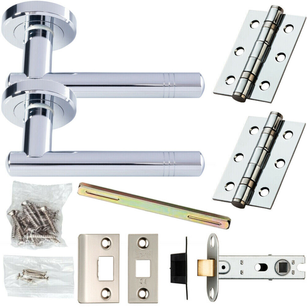 Door Handle & Latch Pack Chrome Modern Straight Ring Bar Screwless Round Rose