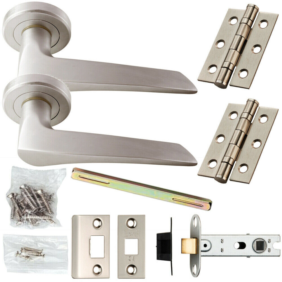 Door Handle & Latch Pack Satin Chrome Tapered Arched Bar Screwless Round Rose