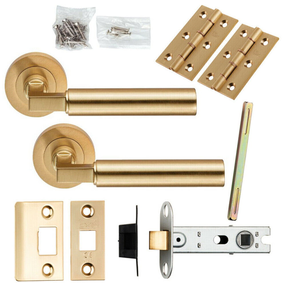 Door Handle & Latch Pack Satin Brass Straight Round Lever Screwless Round Rose