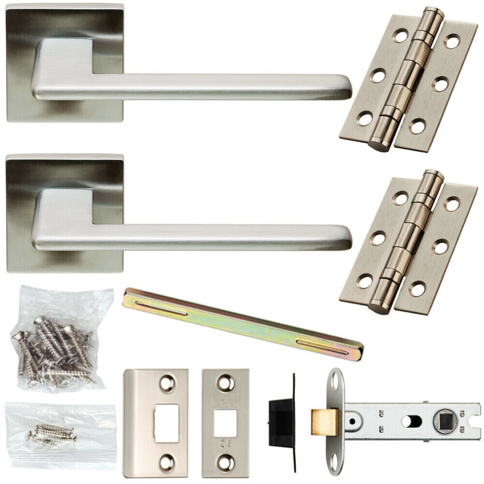 Door Handle & Latch Pack Satin Chrome Modern Slim Lever Screwless Square Rose