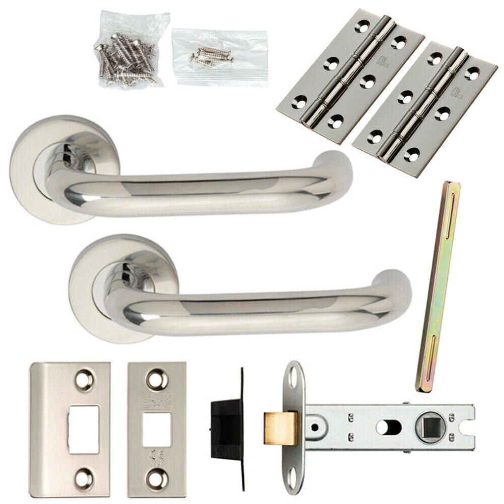 Door Handle & Latch Pack Polished Steel Safety Lever Screwless Round Rose