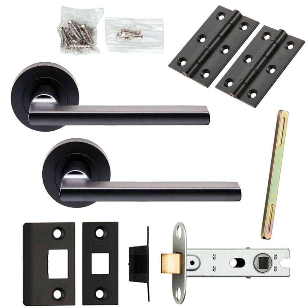 Door Handle & Latch Pack Matt Black Plinth Mounted Bar Screwless Round Rose